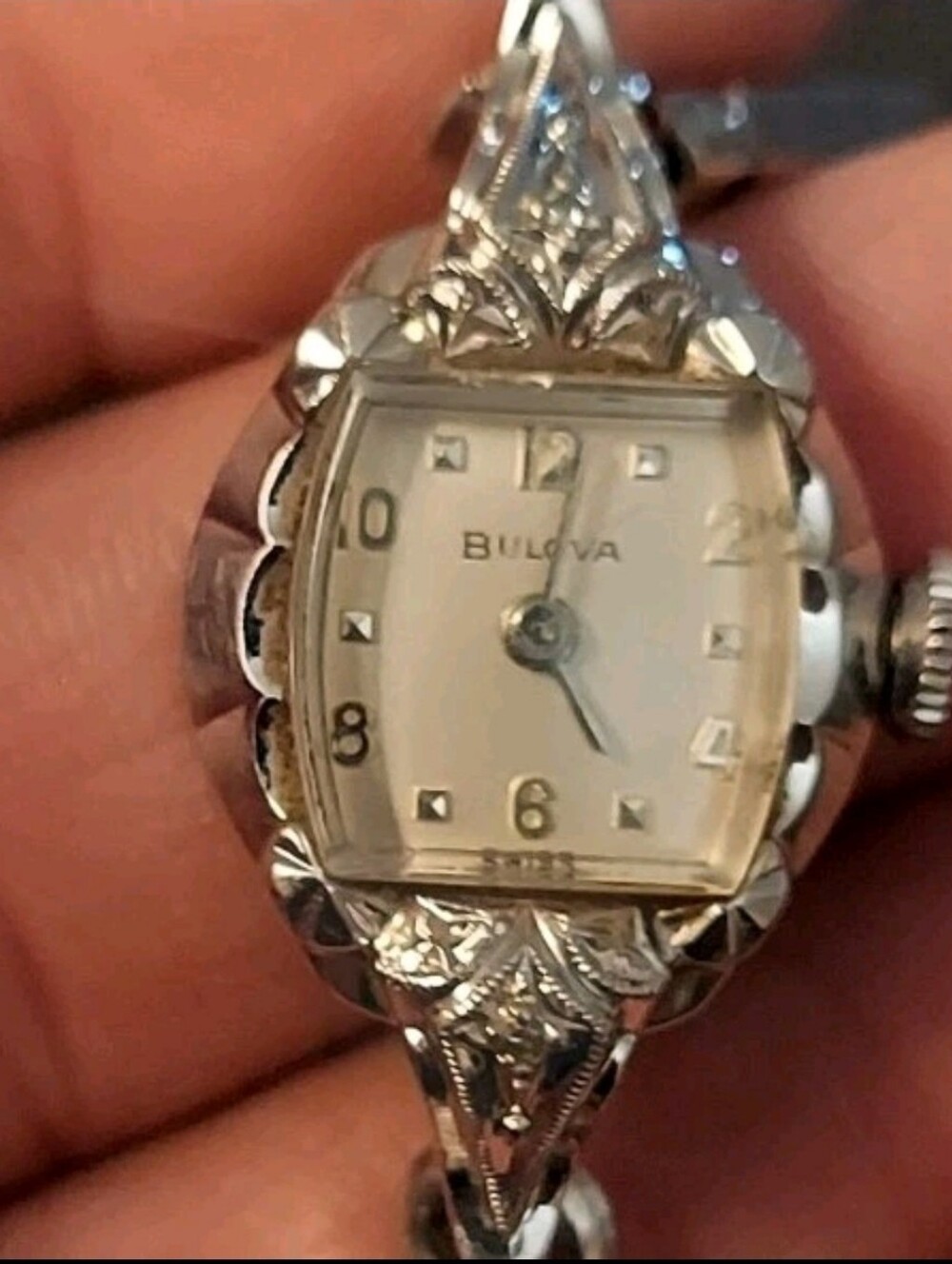 Vintage 10k RGP white Gold Bulova Ladies Watch, Diamonds, Swiss, WORKING